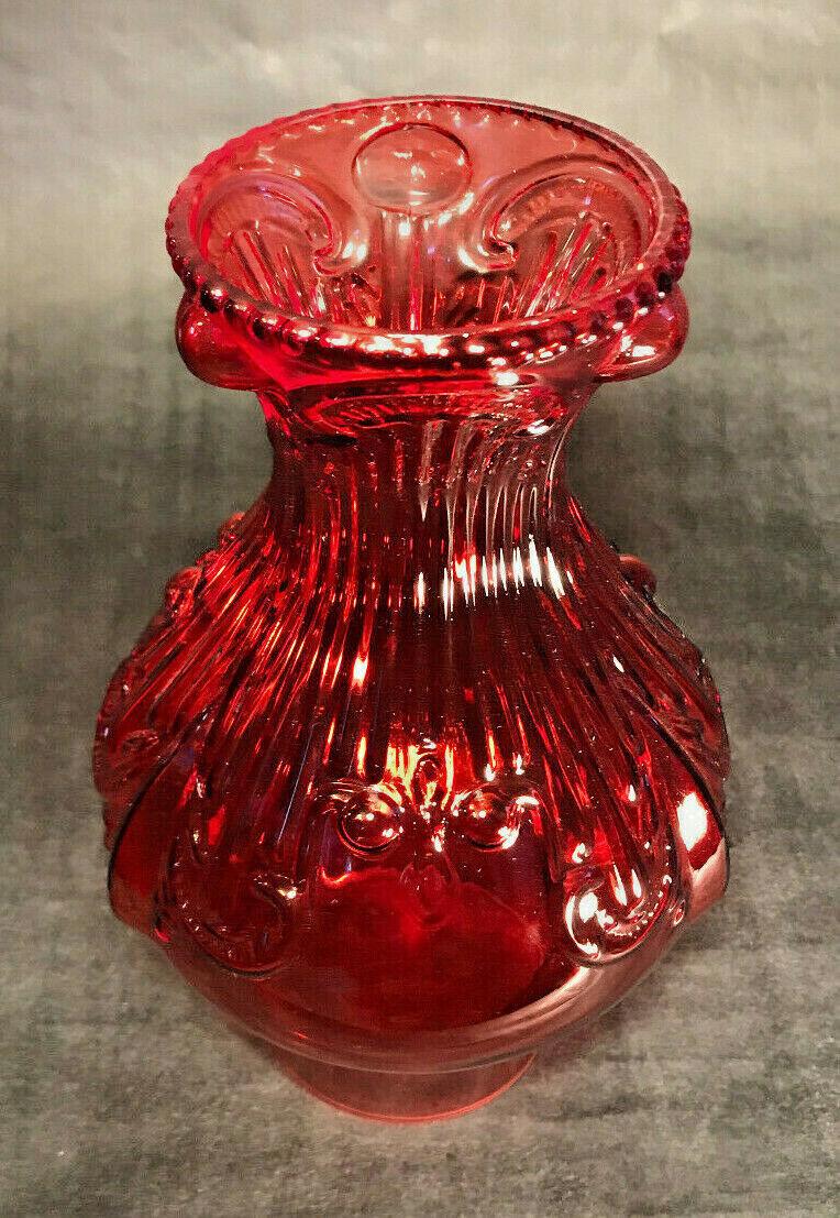 New 3" x 8 1/2" Ruby Embossed Glass Princess Feather Lamp Chimney, F/ #2 burner - Stone Door Lamps