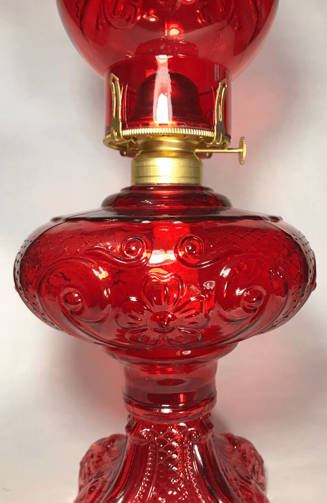 New Complete 9 1/2" Ruby Princess Feather Glass Oil Lamp w/ Ruby Chimney, Burner - Stone Door Lamps
