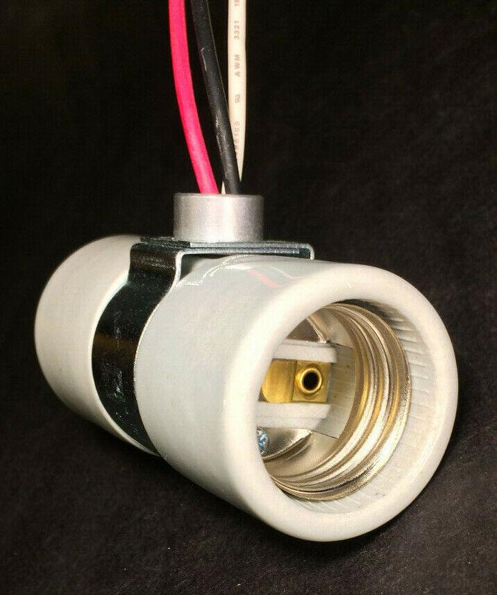 New Twin Medium Base Porcelain Lamp Socket, Single Bushing Strap, 24" Wire Leads - Stone Door Lamps