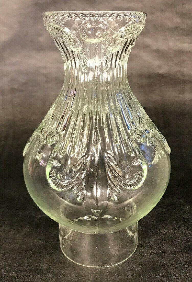 New 3" x 8 1/2" Clear Embossed Glass Princess Feather Lamp Chimney, F/ #2 burner - Stone Door Lamps