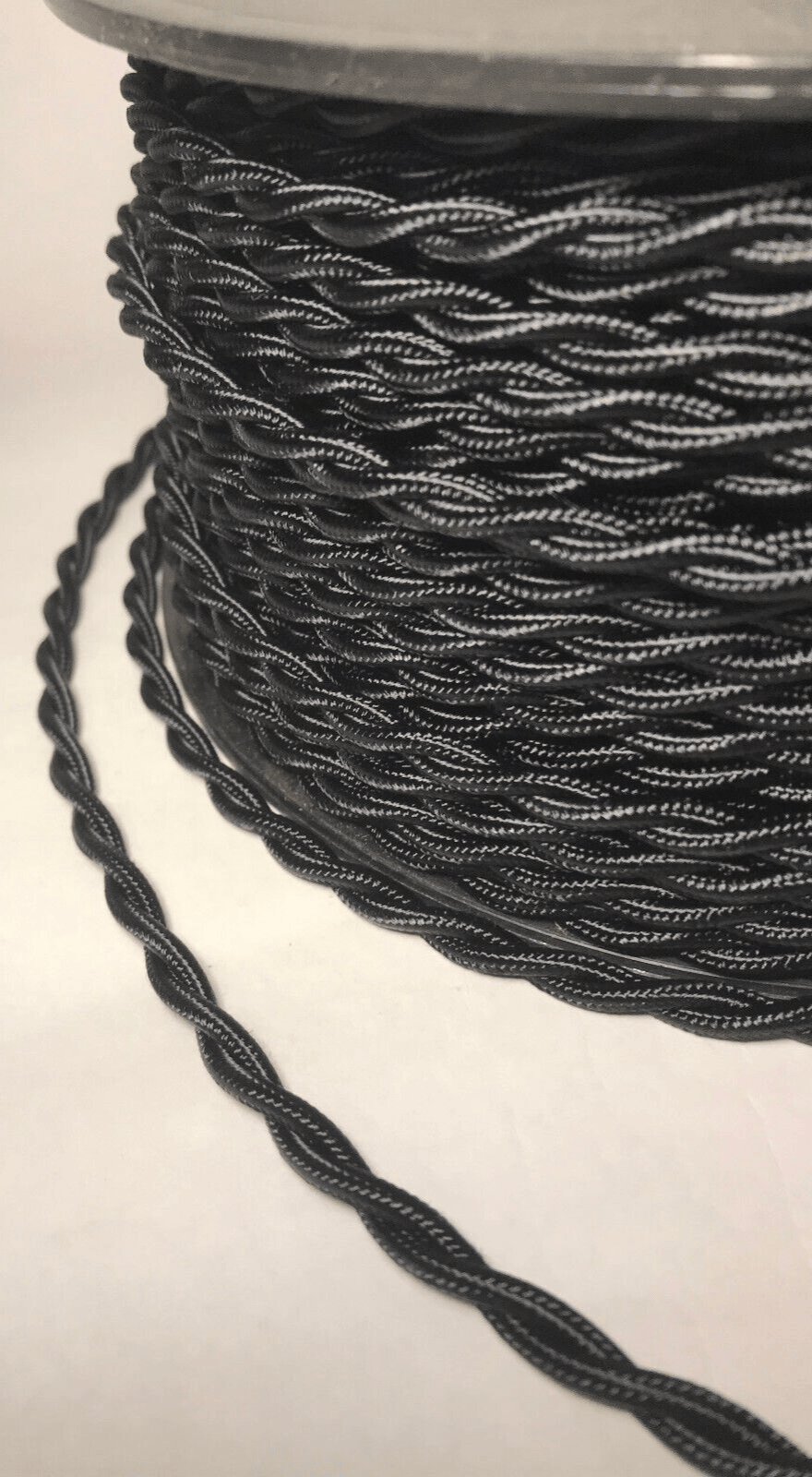 New High Quality Black Rayon Covered Twisted Pair Lamp Cord, 50' Spool #50LC638 - Stone Door Lamps