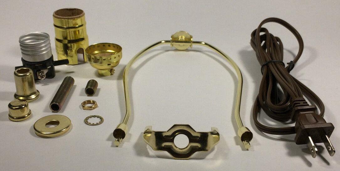 Table Lamp Wiring Kit 10" Brass Plated Harp, Push - Thru Socket, 8 ft. Brown Cord - Stone Door Lamps