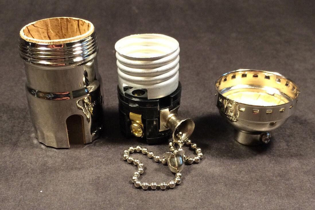 On/Off Solid Brass Pull Chain Early Electric Style Nickel Uno Lamp Socket #285N - Stone Door Lamps