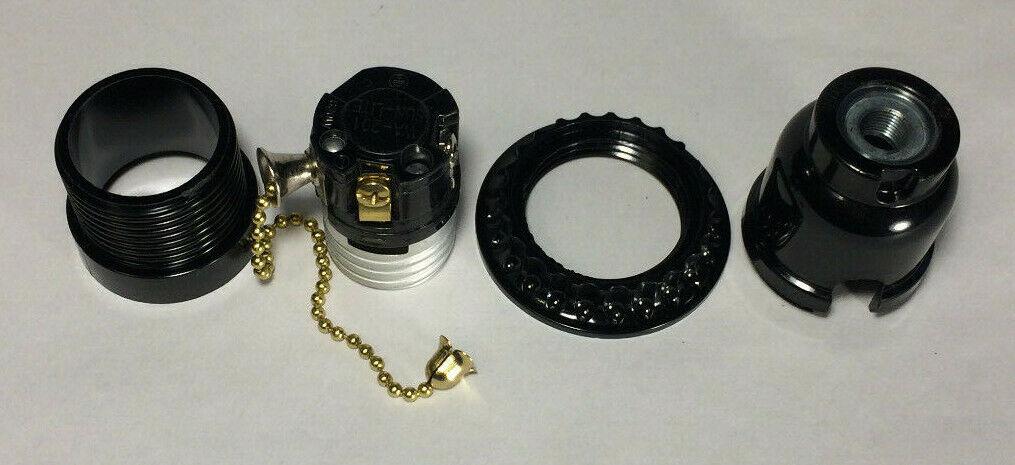 New Threaded Phenolic Bakelite Pull Chain Lamp Socket w/ Shade Ring, E26, #SO682 - Stone Door Lamps