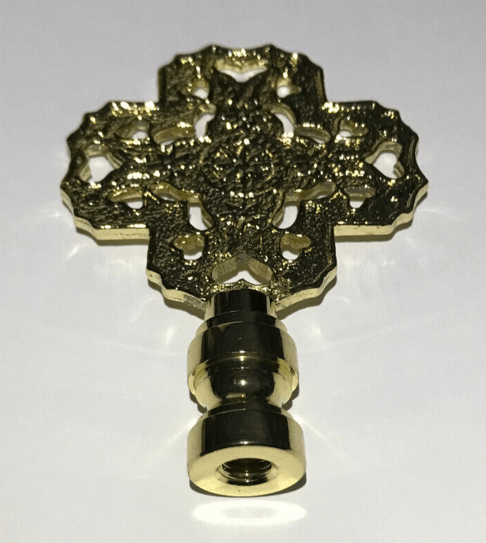 New 3" Cast Brass Cross Heart Star Lamp Finial, Polished & Lacquered, 1/4 - 27F - Stone Door Lamps