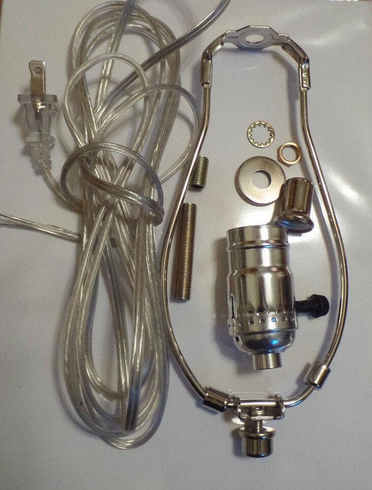 Table Lamp Wiring Kit 9" Nickel Plated Harp - 3 Way Socket - Clear Silver Cord - Stone Door Lamps