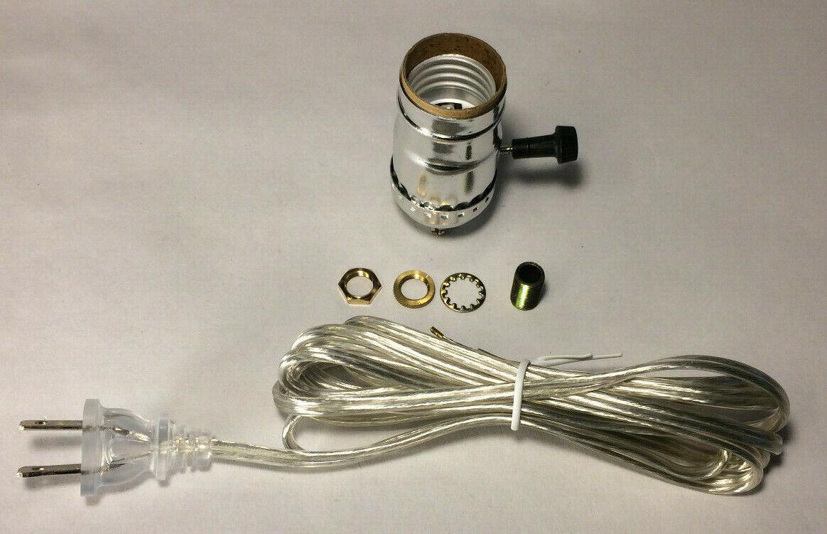 Vintage Table Lamp Rewiring Kit w/ Nickel Plated 3 - Way Socket, Clear Silver Cord - Stone Door Lamps