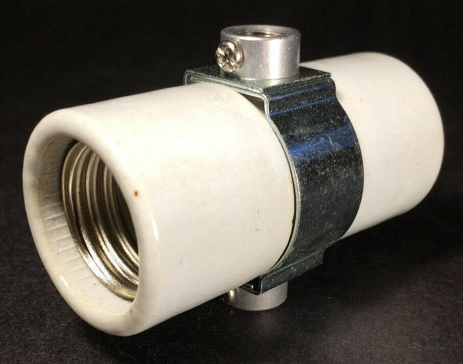 New Twin Medium Base Glazed Porcelain Lamp Socket w/ Double 1/8 IP Bushing Strap - Stone Door Lamps