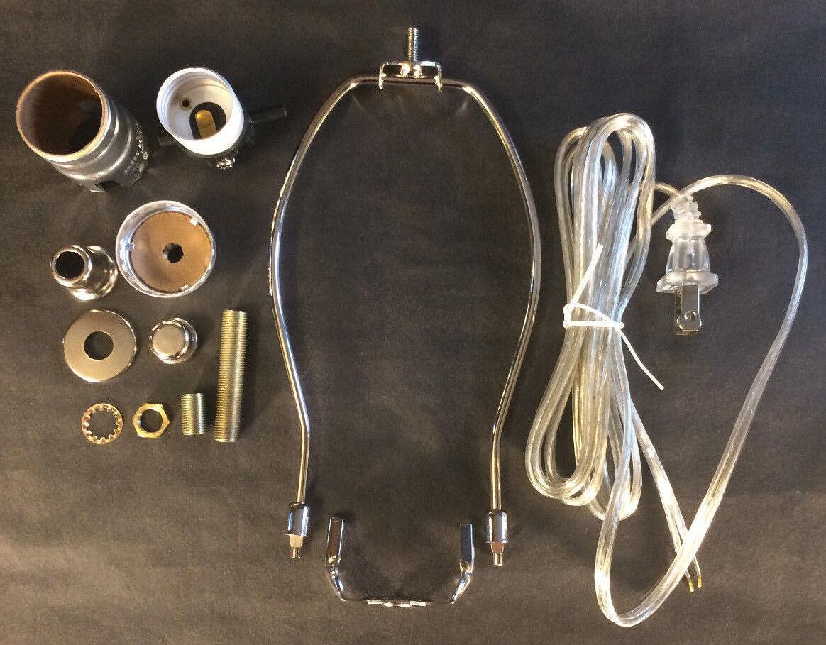 Table Lamp Wiring Kit 8" Nickel Plated Harp, Push - Thru Socket,Clear Silver Cord - Stone Door Lamps