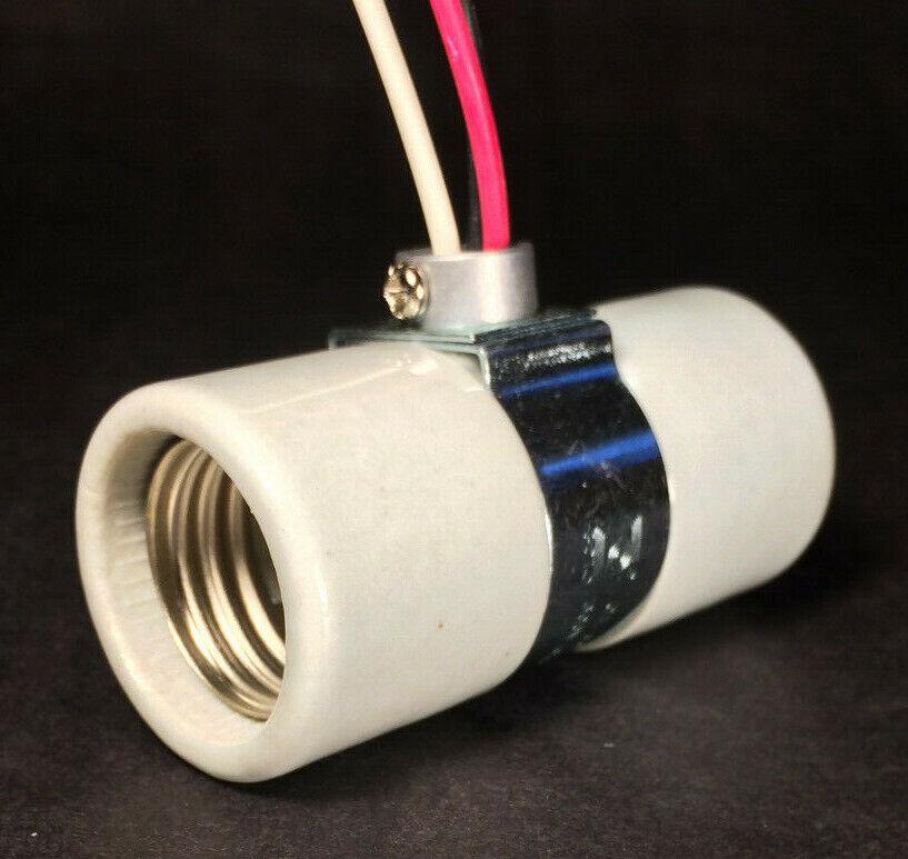 New Twin Medium Base Porcelain Lamp Socket, Single Bushing Strap, 24" Wire Leads - Stone Door Lamps