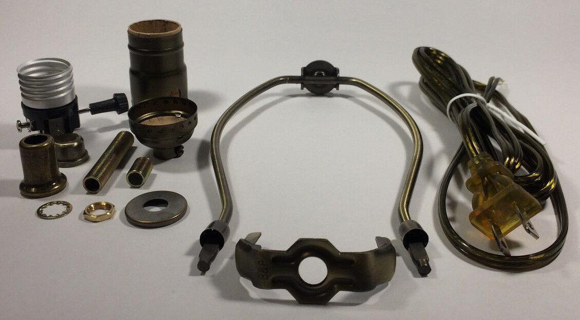 Table Lamp Wiring Kit W/ 9" Antique Finish Harp,3 Way Socket, Antique Brass Cord - Stone Door Lamps