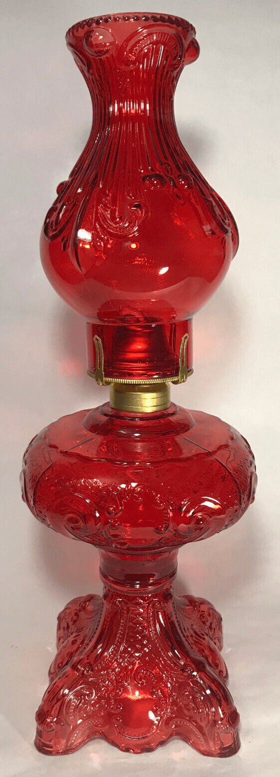 New Complete 9 1/2" Ruby Princess Feather Glass Oil Lamp w/ Ruby Chimney, Burner - Stone Door Lamps