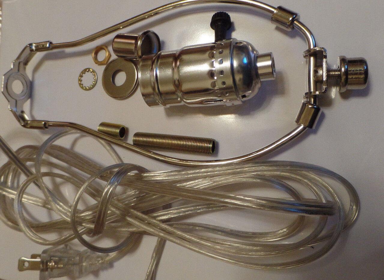 Table Lamp Wiring Kit 6" Nickel Plated Harp - 3 Way Socket - Clear Silver Cord - Stone Door Lamps