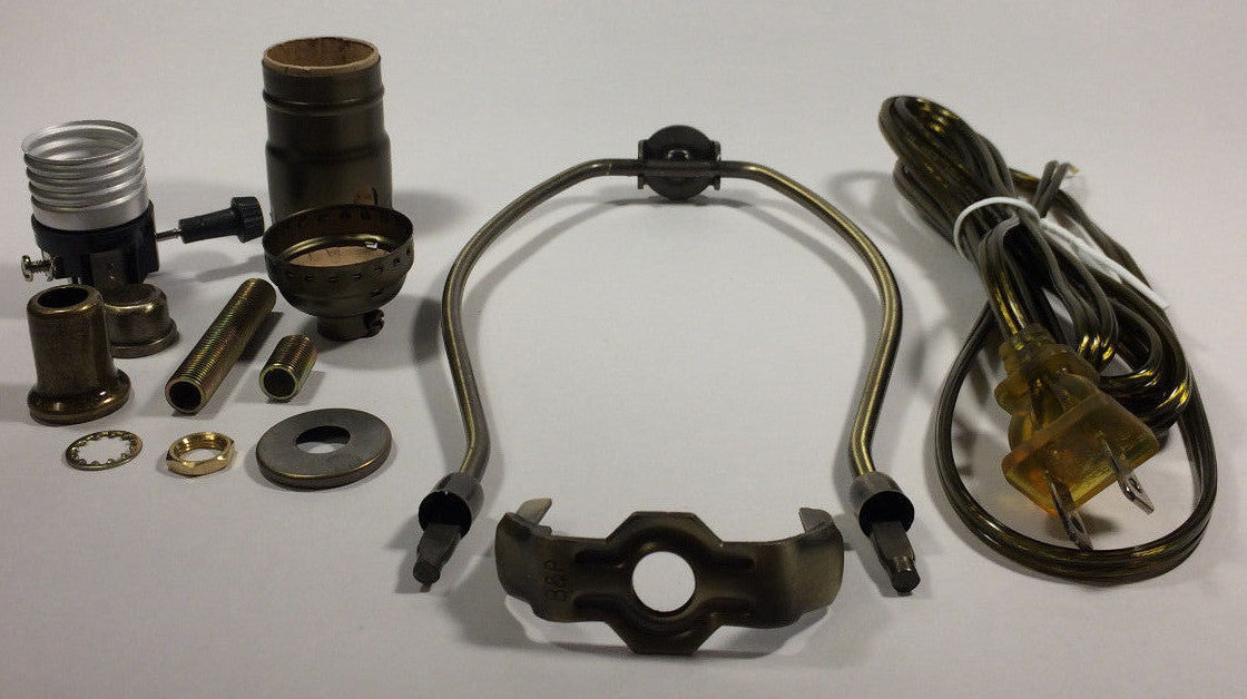 Table Lamp Wiring Kit W/ 8" Antique Finish Harp,3 Way Socket, Antique Brass Cord