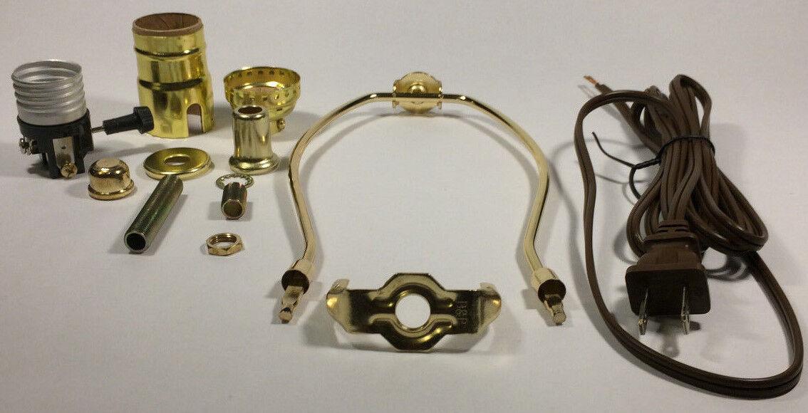 Table Lamp Wiring Kit With 10" Brass Plated Harp, 3 Way Socket,8 ft. Brown Cord - Stone Door Lamps