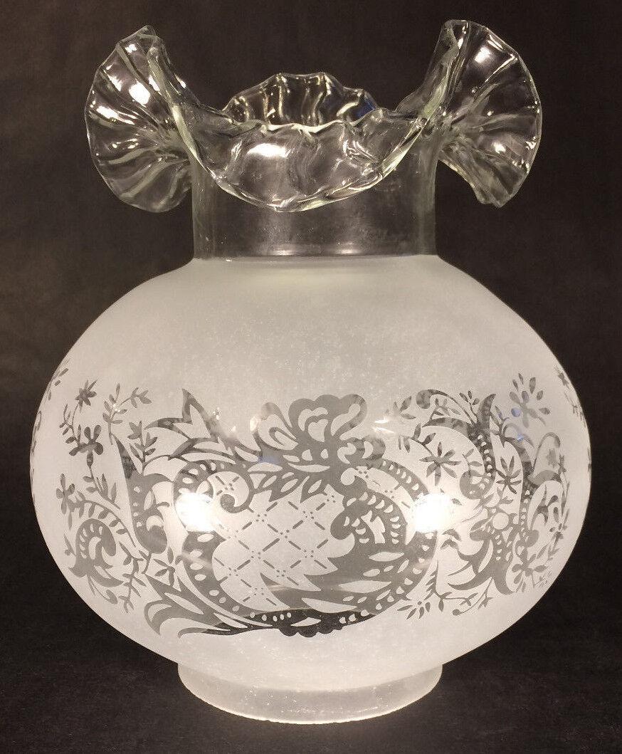 New 4" Fitter Etched Filigree Glass Gas Globe Lamp Shade w/ Crimped Top 8.5" Ht. - Stone Door Lamps