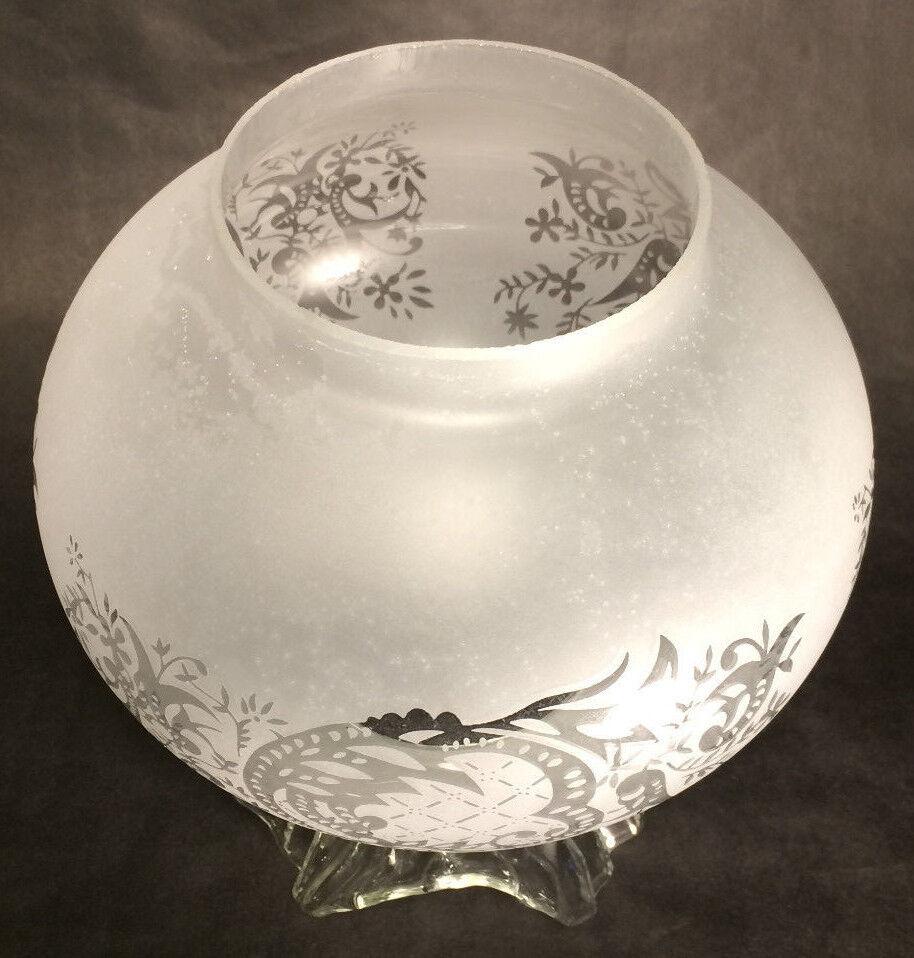 New 4" Fitter Etched Filigree Glass Gas Globe Lamp Shade w/ Crimped Top 8.5" Ht. - Stone Door Lamps