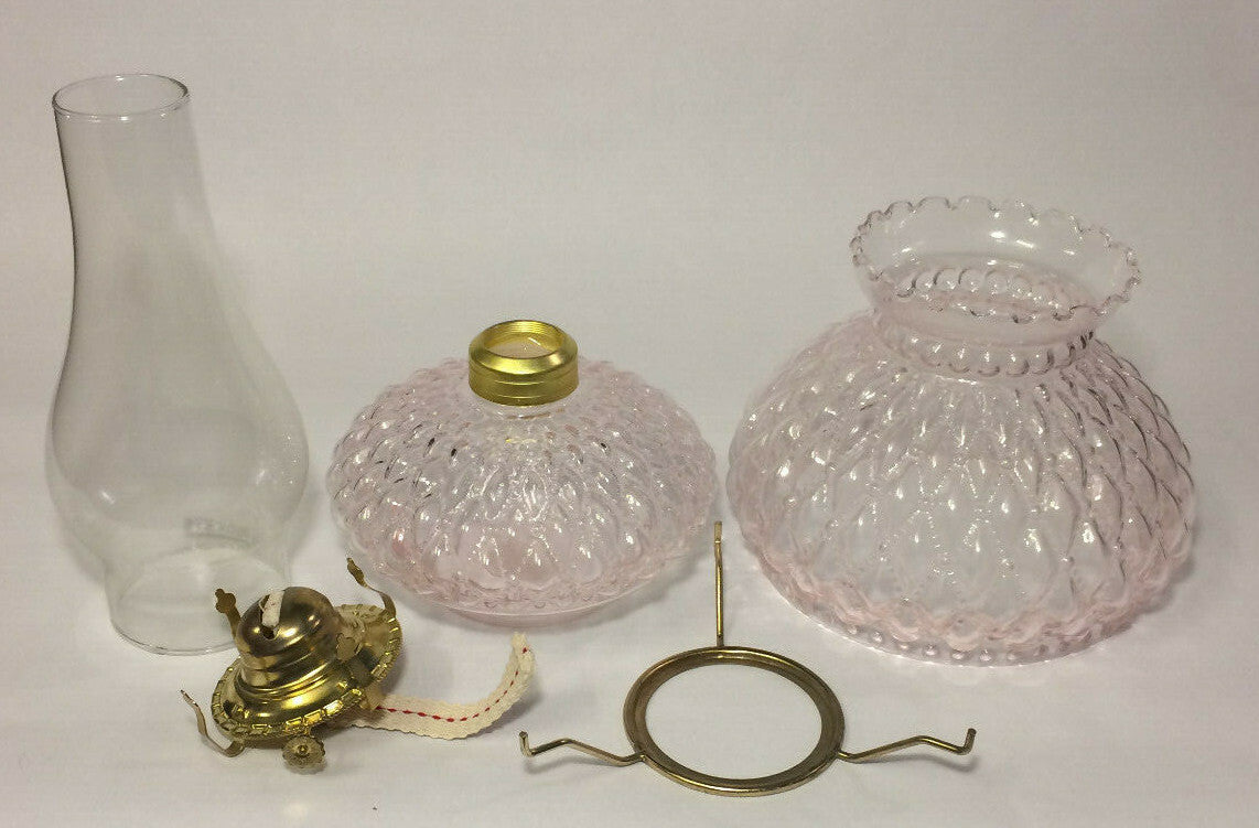 New Complete Oil Lamp w/ Shade Chimney Burner Pink Crystal Diamond Quilted Glass