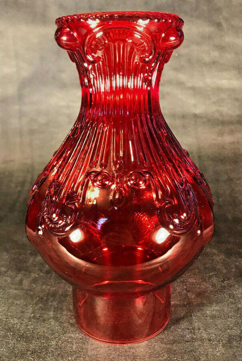 New 3" x 8 1/2" Ruby Embossed Glass Princess Feather Lamp Chimney, F/ #2 burner - Stone Door Lamps