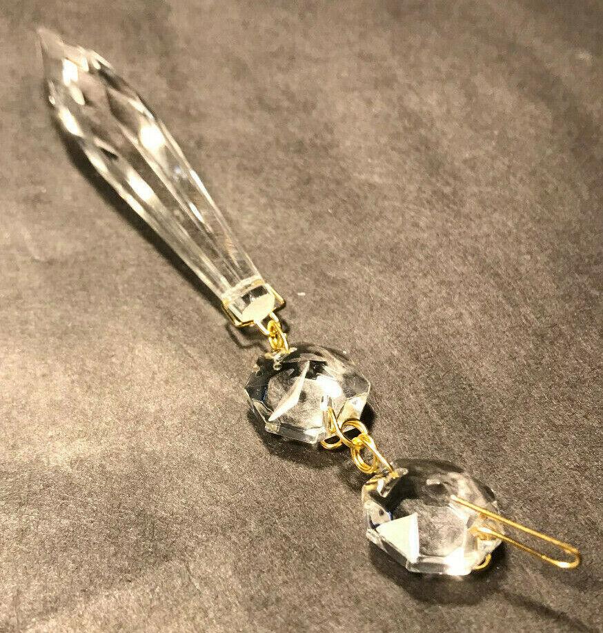 New 3" (5 1/4" Overall Length) Clear Crystal U - Drop Prism With 2 Beads Brass Pin - Stone Door Lamps