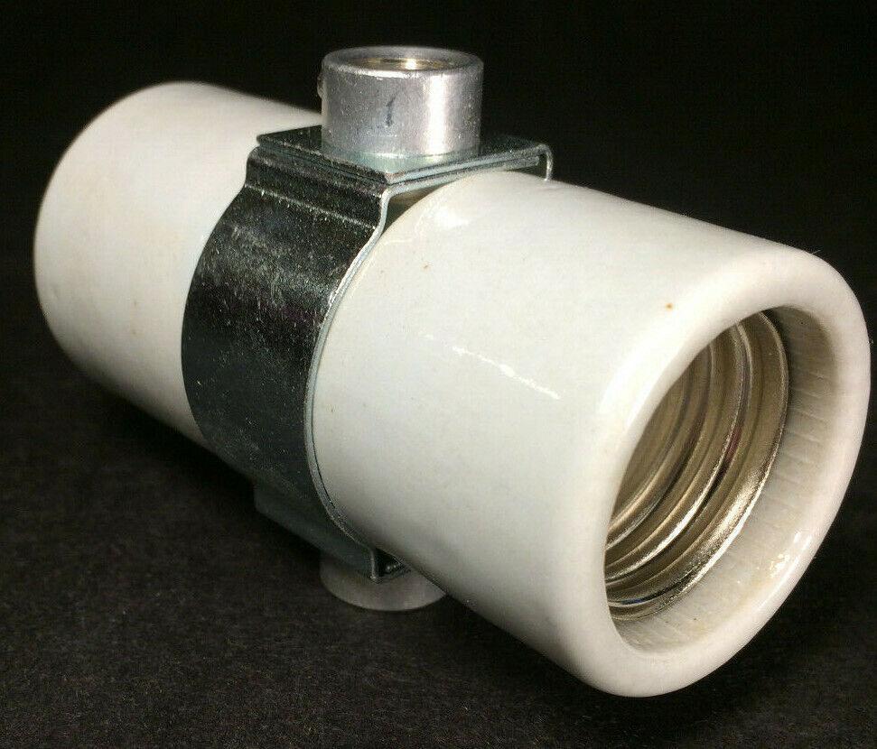 New Twin Medium Base Glazed Porcelain Lamp Socket w/ Double 1/8 IP Bushing Strap - Stone Door Lamps