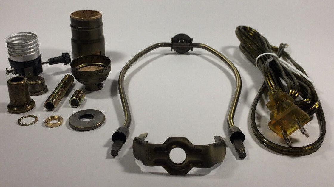 Table Lamp Wiring Kit W/ 8" Antique Finish Harp,3 Way Socket, Antique Brass Cord - Stone Door Lamps
