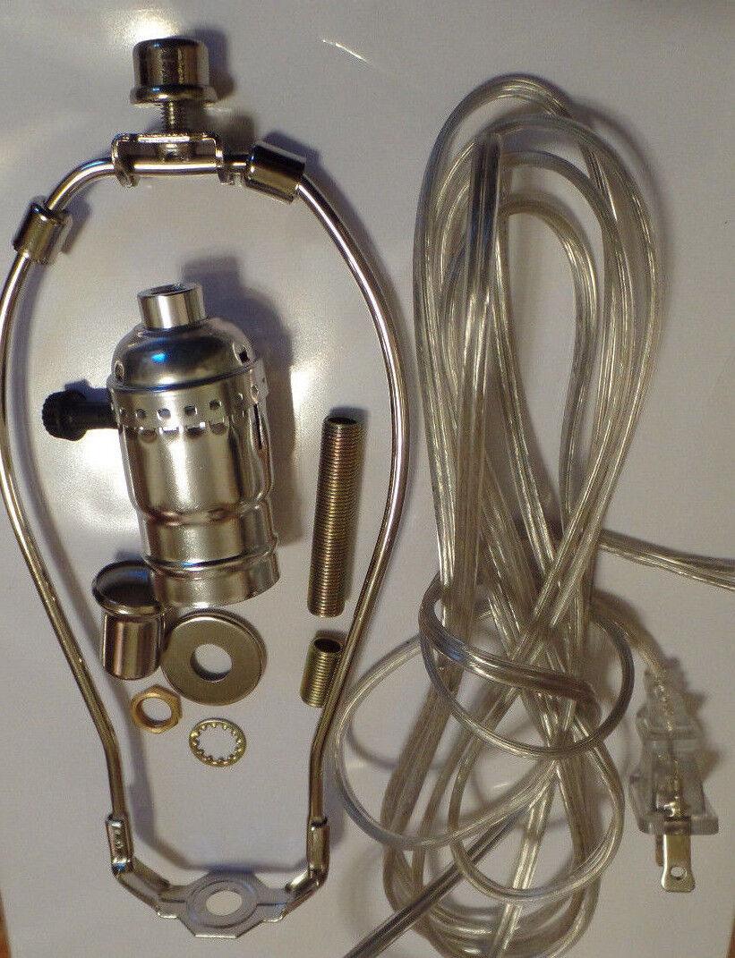 Table Lamp Wiring Kit 9" Nickel Plated Harp - 3 Way Socket - Clear Silver Cord - Stone Door Lamps