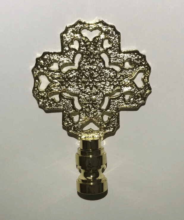 New 3" Cast Brass Cross Heart Star Lamp Finial, Polished & Lacquered, 1/4 - 27F - Stone Door Lamps