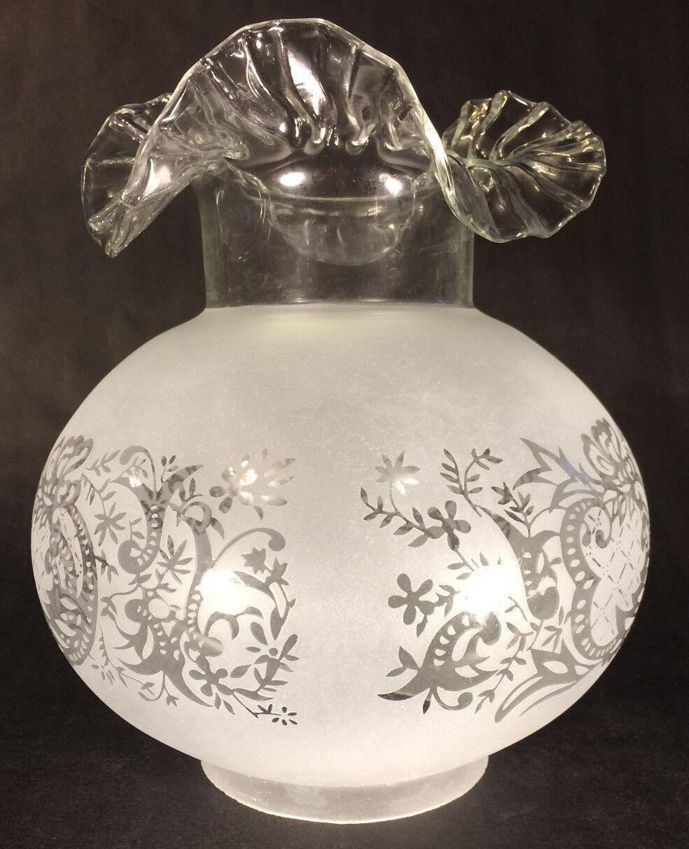 New 4" Fitter Etched Filigree Glass Gas Globe Lamp Shade w/ Crimped Top 8.5" Ht. - Stone Door Lamps