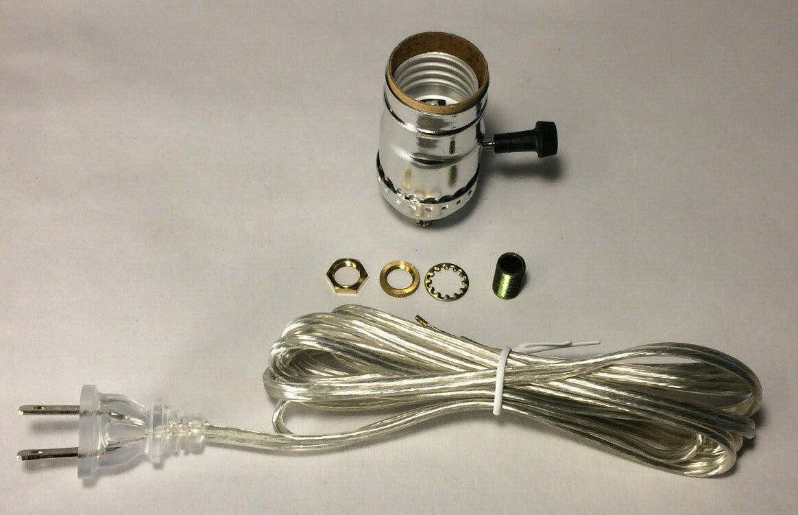Vintage Table Lamp Rewiring Kit w/ Nickel Plated 3-Way Socket, Clear Silver Cord