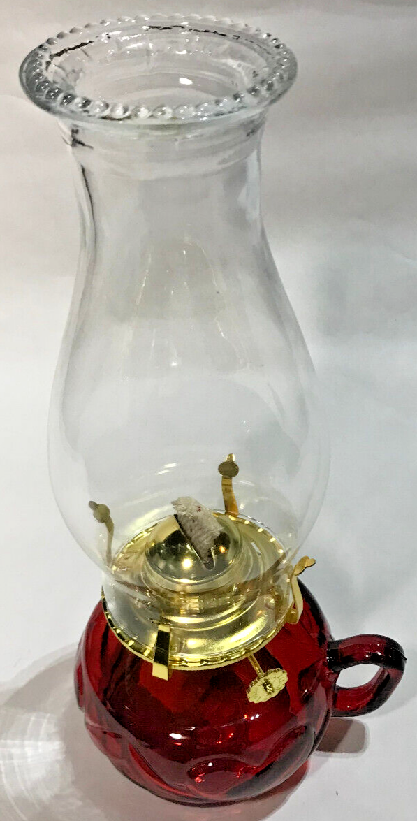 New Red Glass United Hearts Finger Oil Lamp w/ Brass Plated Burner & Chimney