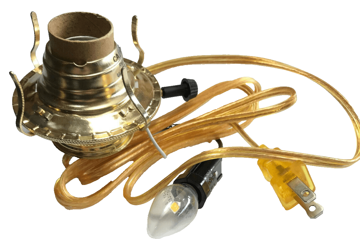 New Brass Plated #2, 3 - Terminal Electric Lamp Burner, 6' Gold Cord, Bottom Light - Stone Door Lamps