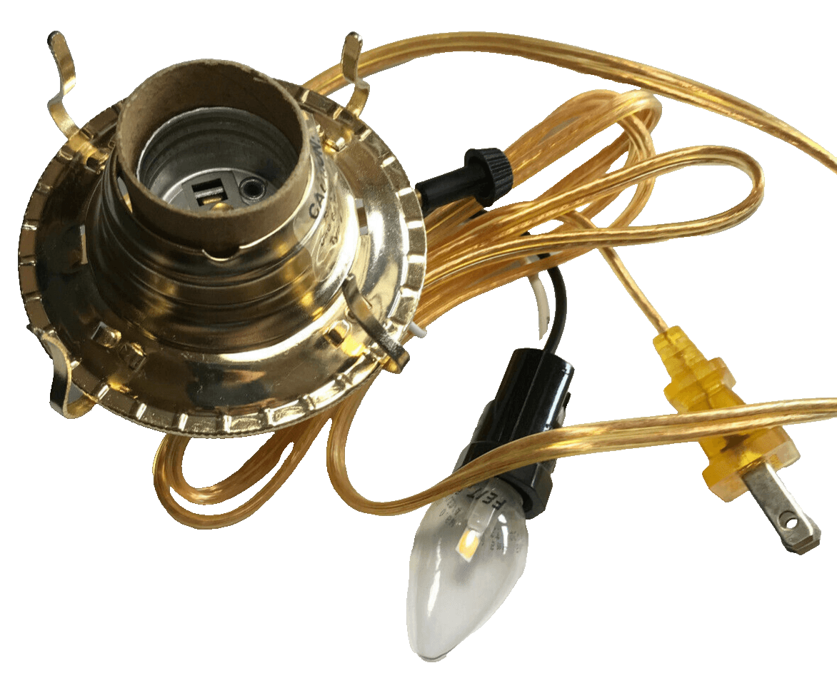 New Brass Plated #2, 3 - Terminal Electric Lamp Burner, 6' Gold Cord, Bottom Light - Stone Door Lamps