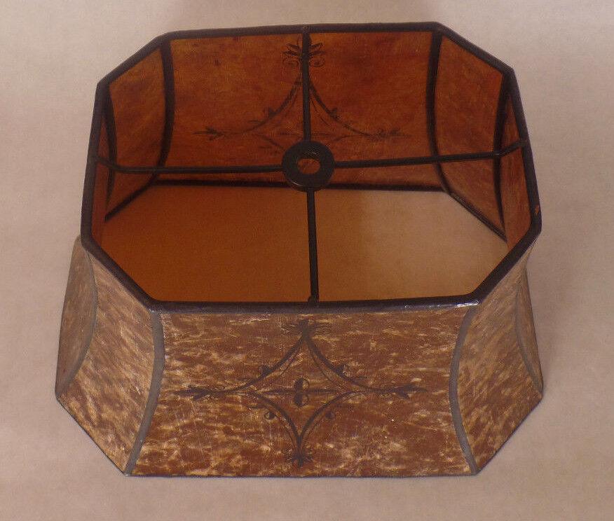 Decorated Antique Amber Cut Corner Copper Foil Frame Rectangle Mica Lamp Shade - Stone Door Lamps
