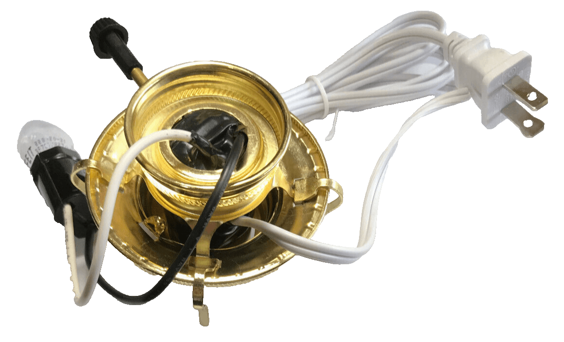 New Brass Plated #2, 3 - Terminal Electric Lamp Burner, 6' White Cord Bottom Light - Stone Door Lamps