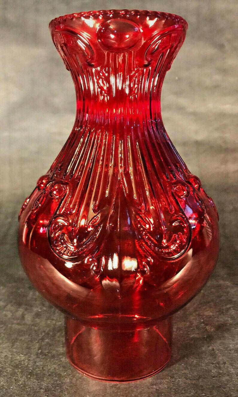 New 3" x 8 1/2" Ruby Embossed Glass Princess Feather Lamp Chimney, F/ #2 burner - Stone Door Lamps