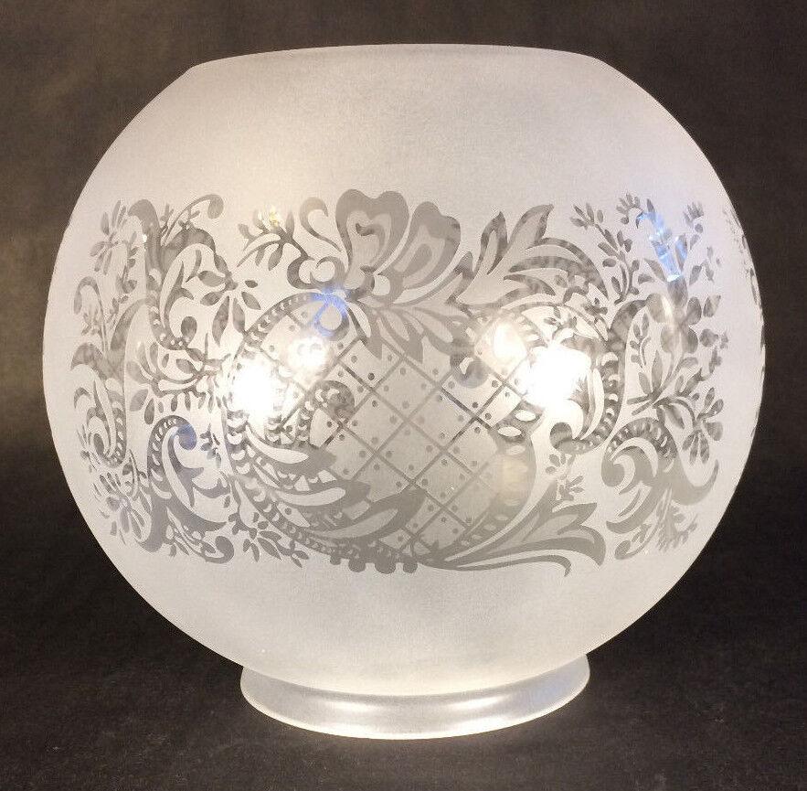 7" Satin Etched Bow & Scroll Floral Gas Oil Ball Lamp Shade - 4" Fitter BS502i - Stone Door Lamps
