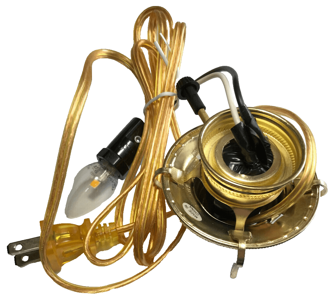 New Brass Plated #2, 3 - Terminal Electric Lamp Burner, 6' Gold Cord, Bottom Light - Stone Door Lamps