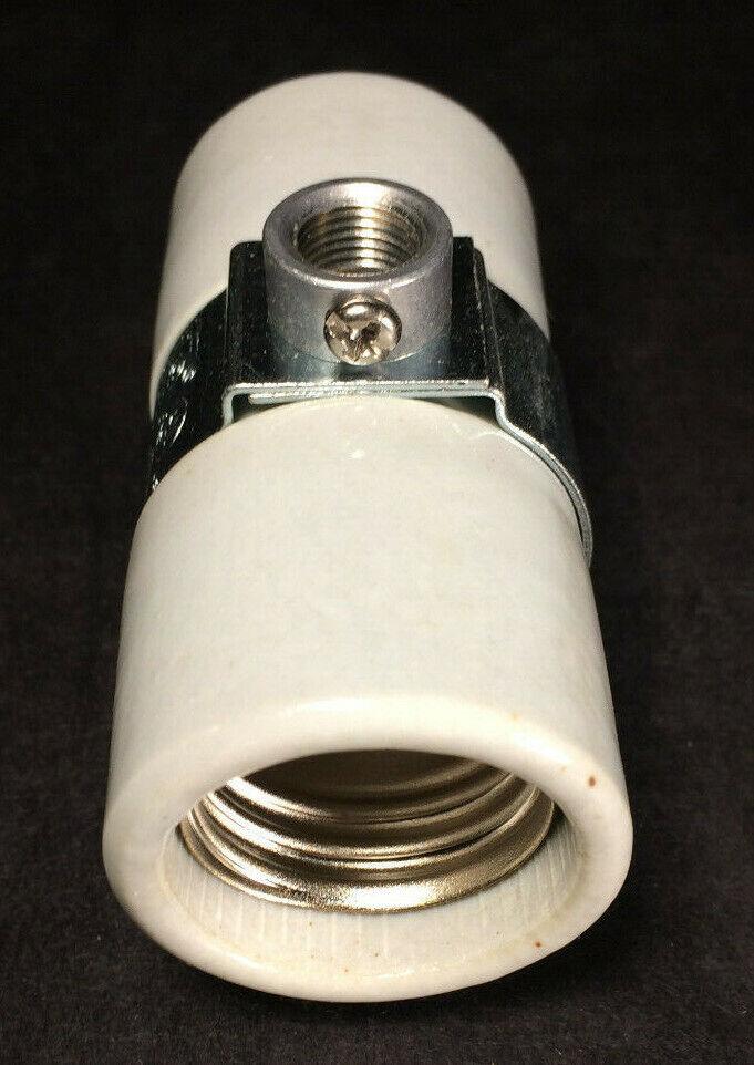 New Twin Medium Base Glazed Porcelain Lamp Socket w/ Double 1/8 IP Bushing Strap - Stone Door Lamps