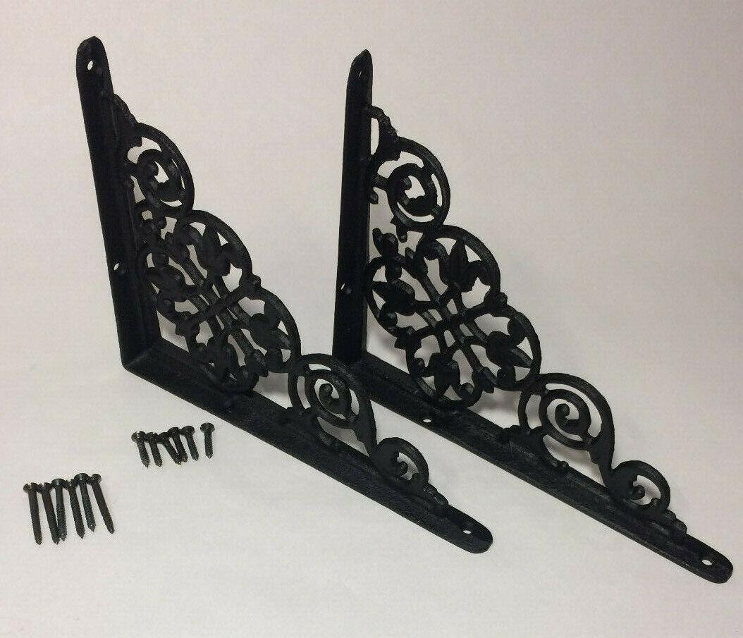 1 Pair of Cast Iron Shelf Brackets New Pennsylvania Dutch Motif 7 7/8" Long #617 - Stone Door Lamps