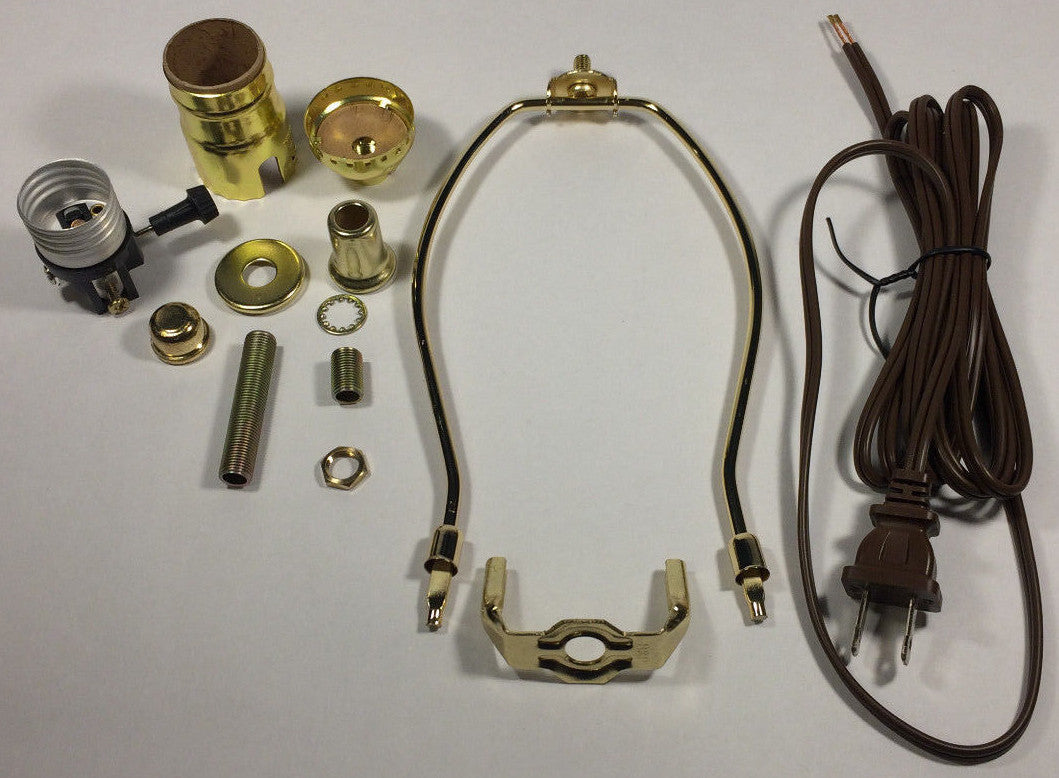 Table Lamp Wiring Kit With 9" Brass Plated Harp, 3 Way Socket, 8 ft. Brown Cord