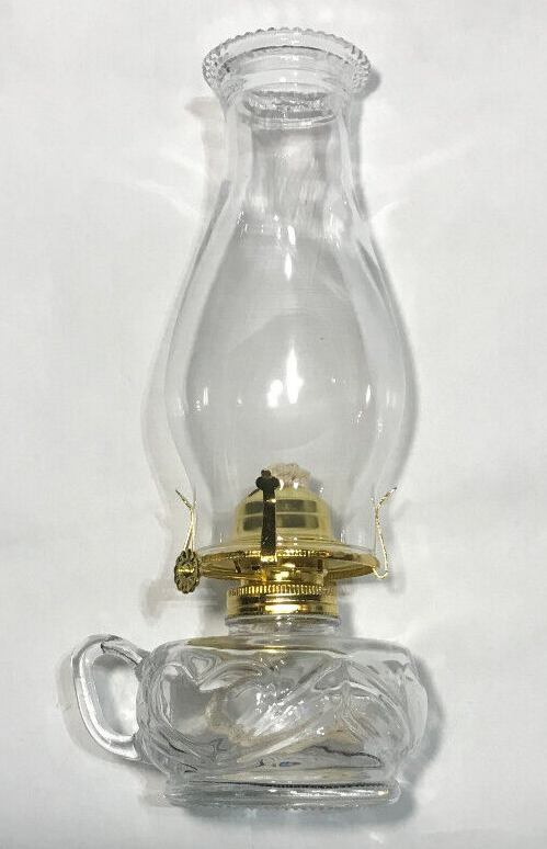 New Clear Glass United Hearts Finger Oil Lamp w/ Brass Plated Burner & Chimney