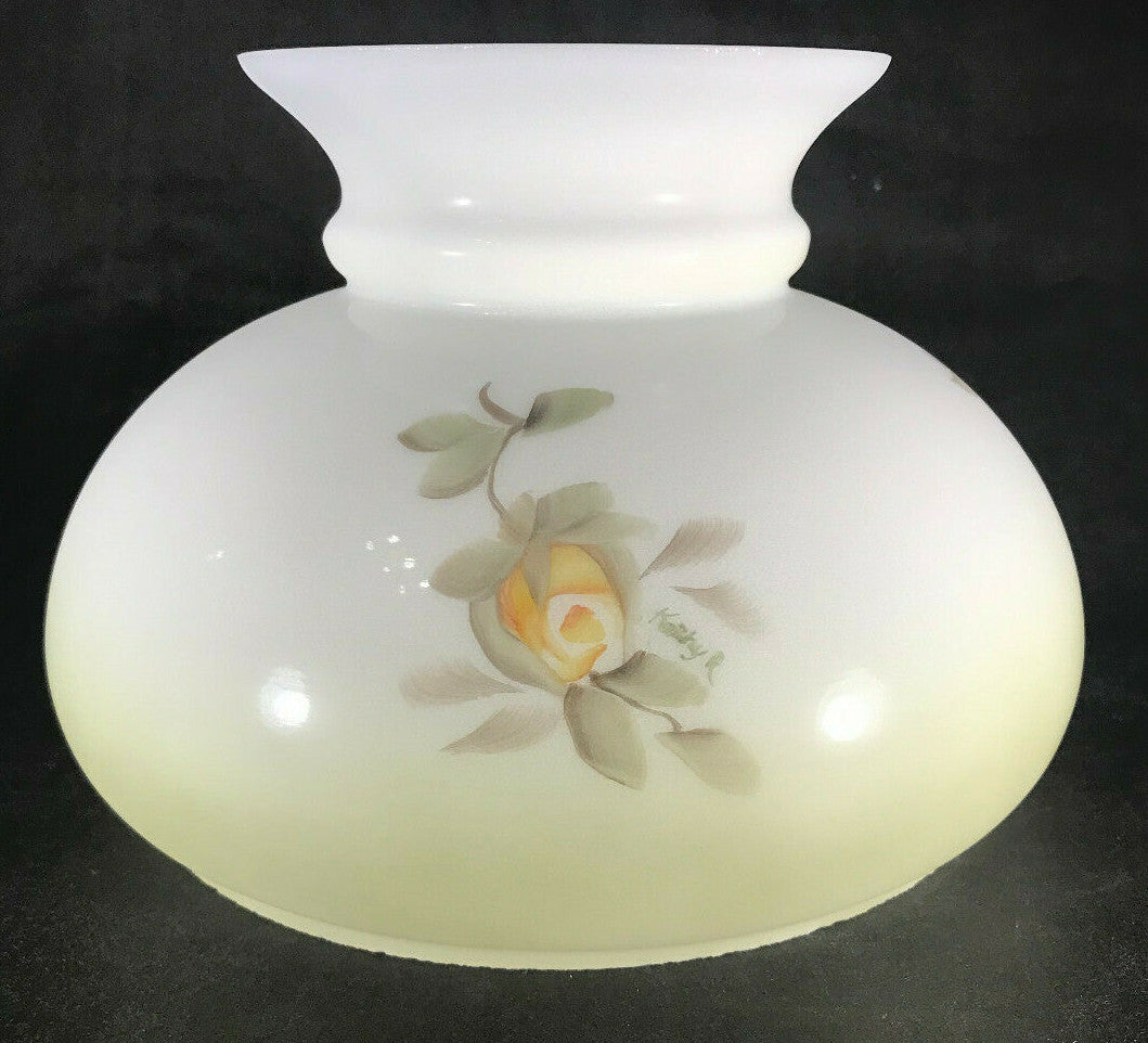 New 7" Opal Glass Student Lamp Shade, Hand Painted Victorian Roses Floral Scene