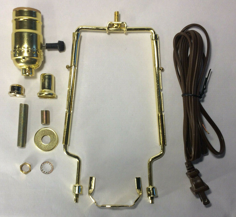 New Table Lamp Wiring Kit w/ Adjustable (9"-11") Brass Harp, 3-Way Socket, Cord