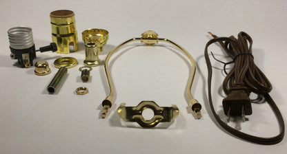 Table Lamp Wiring Kit With 9" Brass Plated Harp, 3 Way Socket, 8 ft. Brown Cord