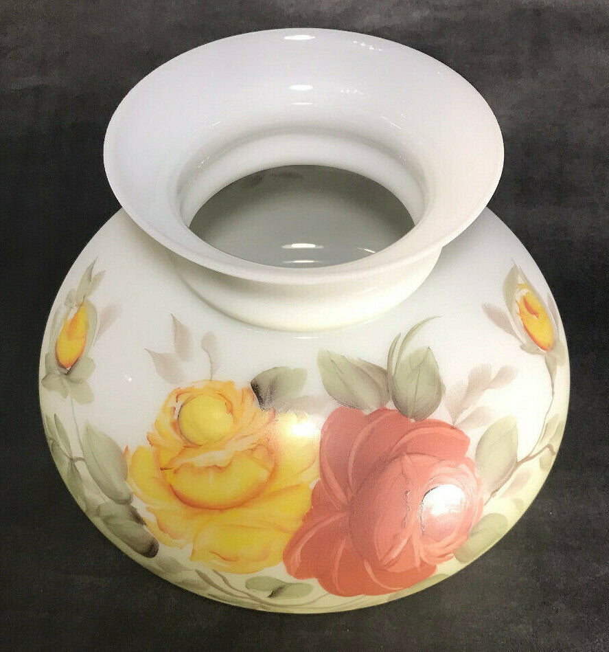 New 7" Opal Glass Student Lamp Shade, Hand Painted Victorian Roses Floral Scene