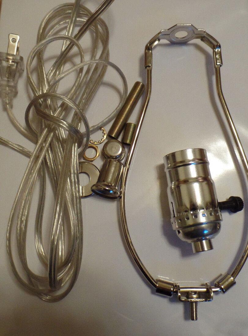 Table Lamp Wiring Kit 6" Nickel Plated Harp - 3 Way Socket - Clear Silver Cord - Stone Door Lamps