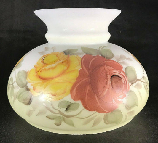 New 7" Opal Glass Student Lamp Shade, Hand Painted Victorian Roses Floral Scene - Stone Door Lamps