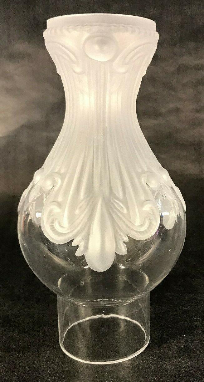 New 2.5" x 8 1/4" Frosted & Clear Embossed Glass Princess Feather Lamp Chimney 