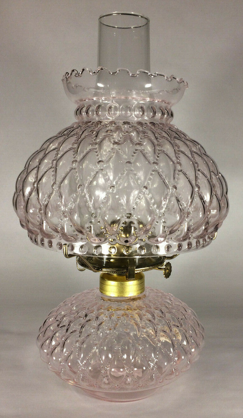 New Complete Oil Lamp w/ Shade Chimney Burner Pink Crystal Diamond Quilted Glass